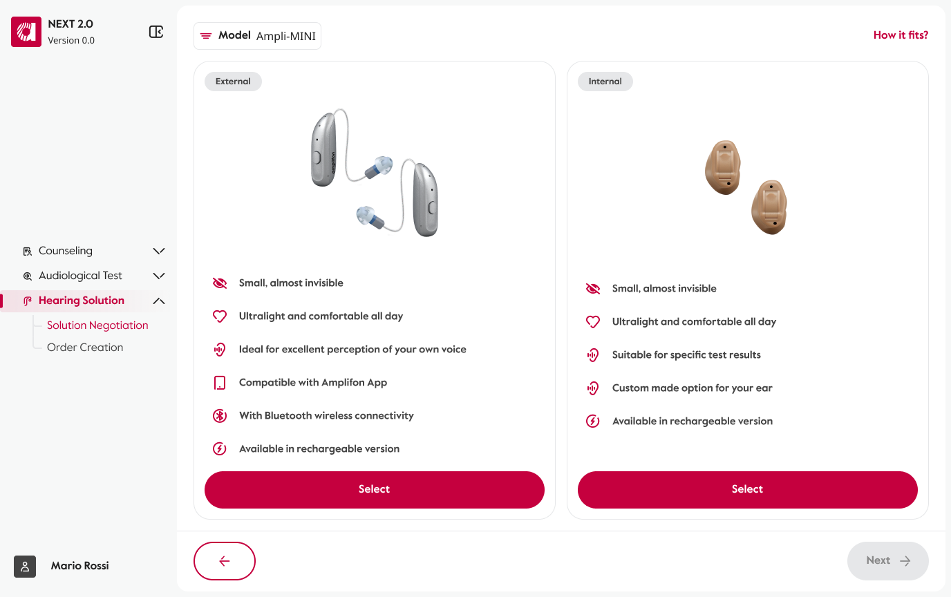The comparison screen: two option cards side by side with identical structure, each listing its characteristics and carrying its own select action, with a fit link in the top right.