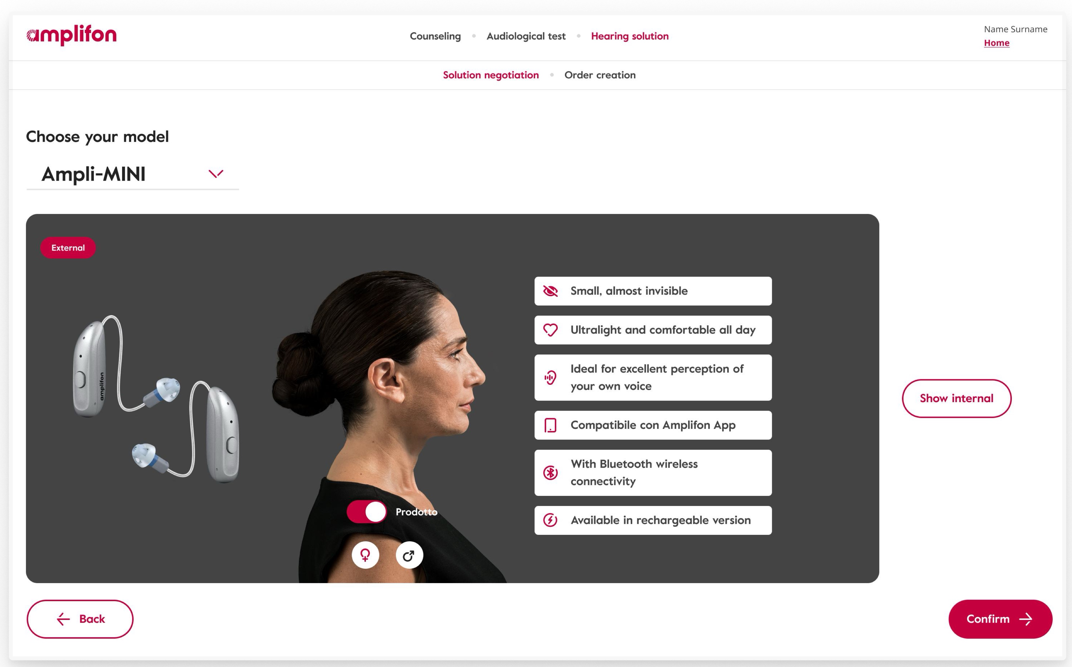 The inherited comparison screen: a “Choose your model” dropdown above one dark panel holding a single product — the hearing aids on the left, a person wearing them in the middle, six characteristic chips on the right — with a separate “Show internal” button sitting outside the panel.