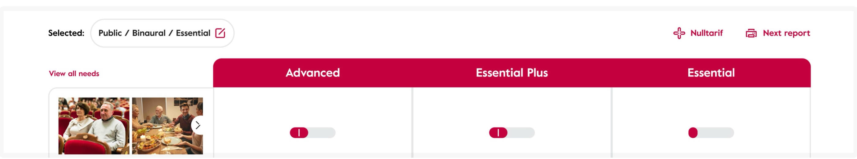 The comparison screen as it renders for Germany. Social insurance covers a no-cost hearing-aid option, accessible through the header.