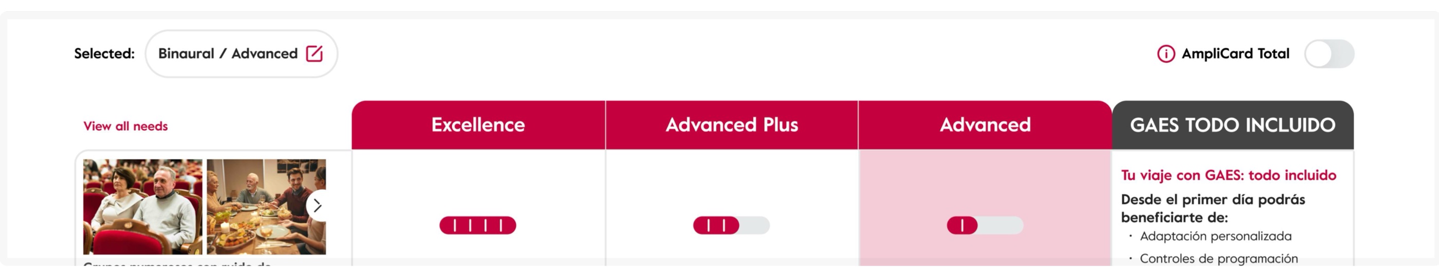 The comparison screen as it renders for Spain. An all-inclusive package adds a fourth option, alongside a local card toggle.