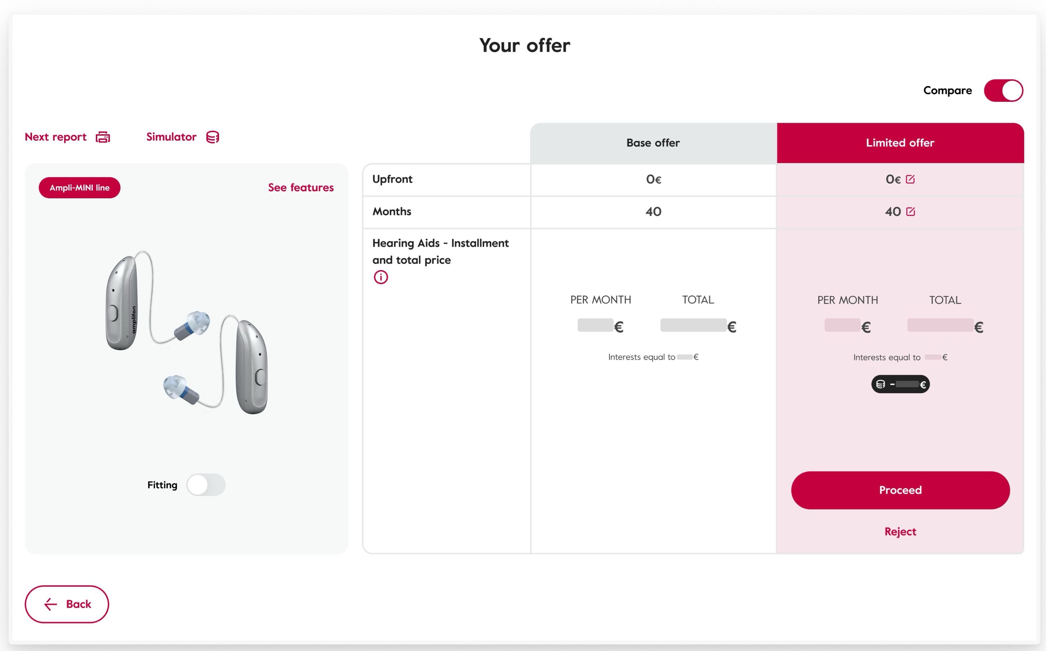 The quoting screen: one offer table where two offers compare row by row on the same attributes, with the primary action inside the selected offer.