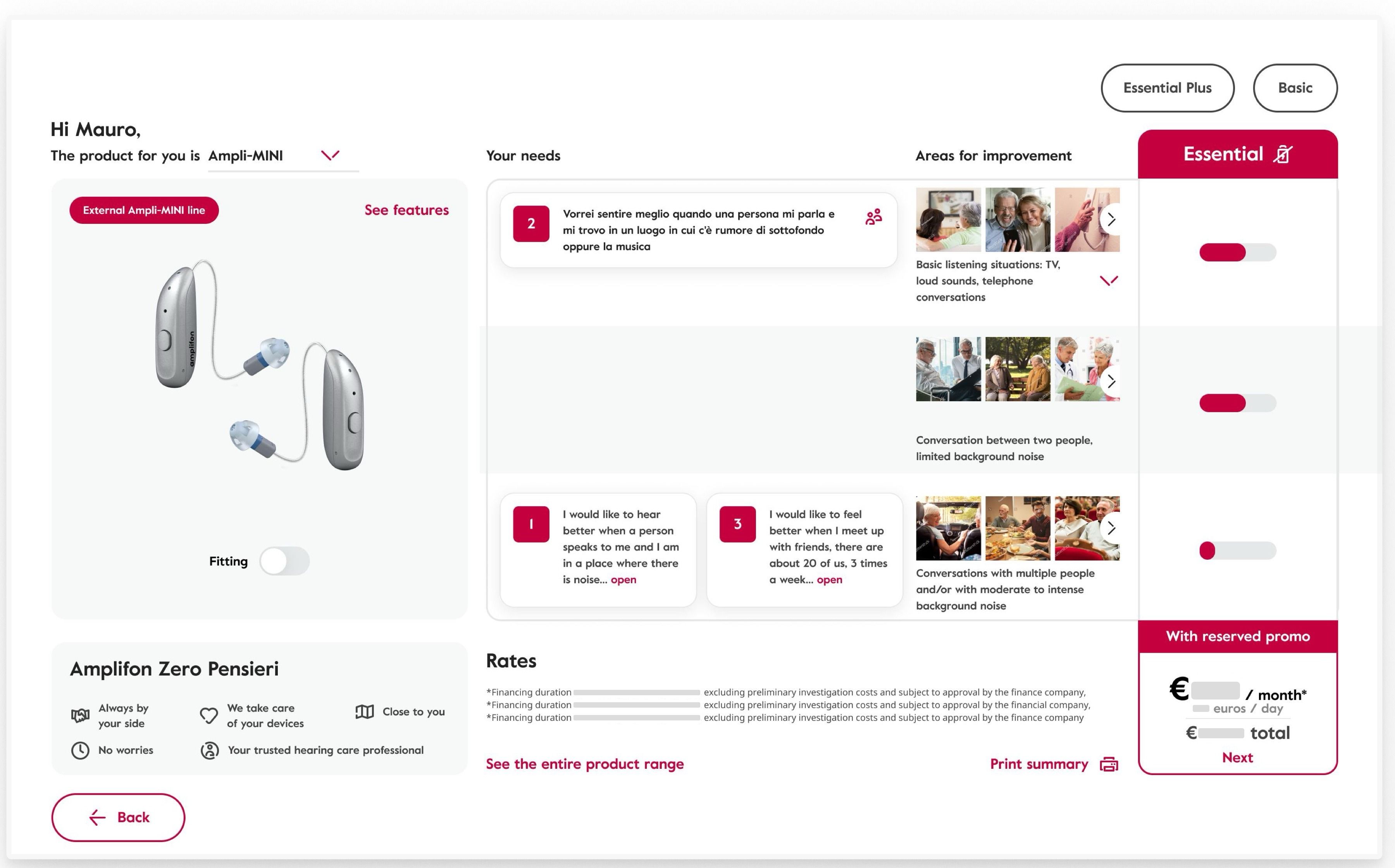 The inherited quoting screen: the product and a fitting toggle in a left column, the customer's needs and areas for improvement in a table in the middle, and a single priced tier on the right — the other two tiers are outlined pills parked above it, and the continue action sits inside the price block under the total.