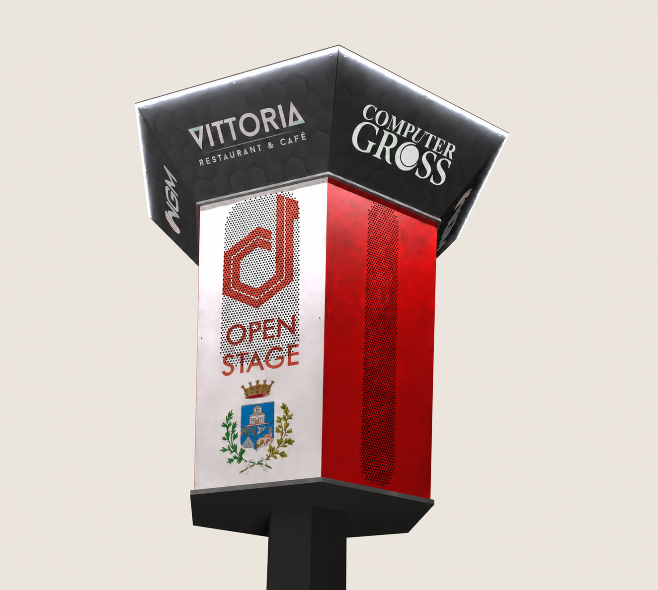 Render of the red vertical Open Stage station installed in public space.