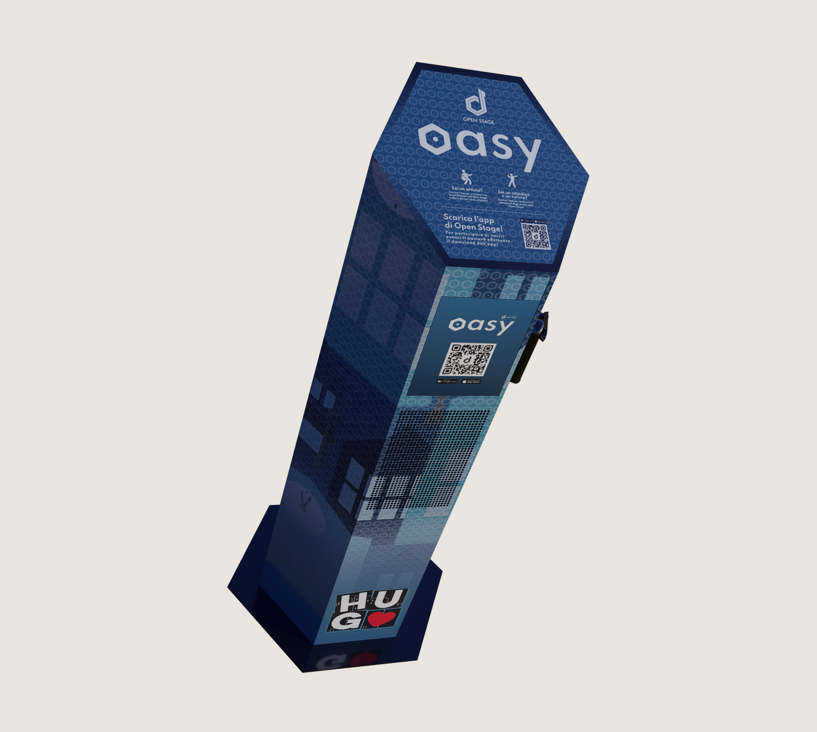 Render of the slim blue Oasy music station with display, QR codes and speaker grille.