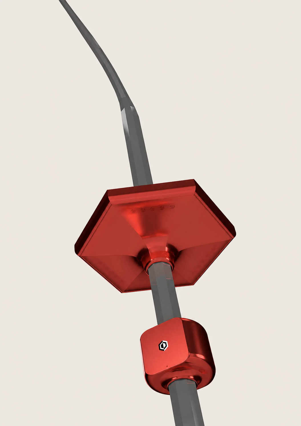 Render of the compact red Hive stage unit mounted around a streetlamp.
